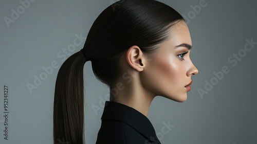 A side view of a sleek ponytail with straightened hair, creating a polished and professional look, ideal for formal settings
