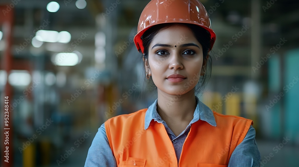 Portrait Indian woman worker supervisor smart confident look with engineer safety suit work in large factory warehouse industry : Generative AI Portrait Indian woman worker supervisor smart confident look with engineer safety suit work in large factory warehouse industry : Generative AI