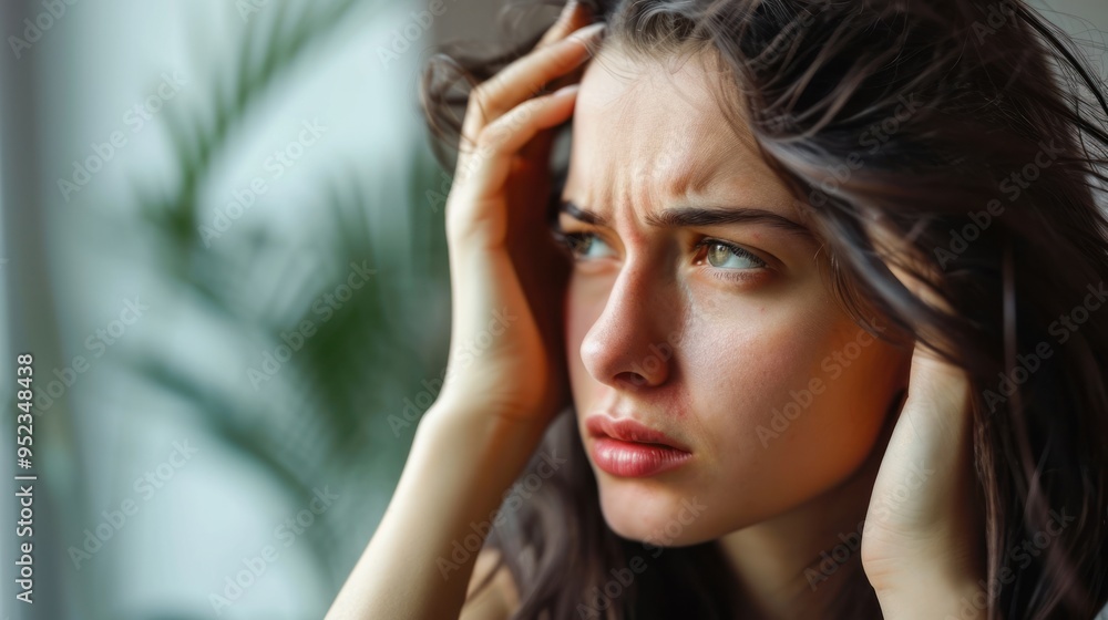 Obraz premium woman very sad and upset looking at damaged hair, hair loss, hair thinning problem, vitamin deficiency, baldness, postpartum, biotin, zinc, menstrual or endocrine disorders, hormonal imbalance