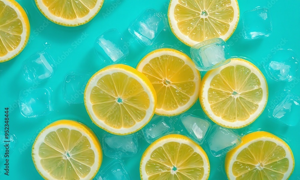 Obraz premium lemons slices in water ice cubes refreshing