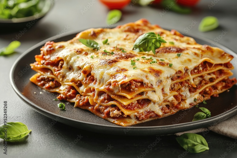 A Close-Up of a Single Serving of Cheesy Lasagna on a Black Plate with Fresh Basil A Close-Up of a Single Serving of Cheesy Lasagna on a Black Plate with Fresh Basil