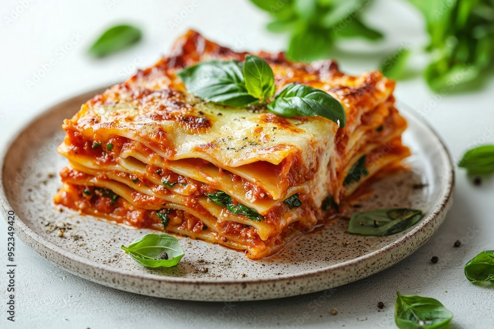 A Serving of Lasagna with Basil Garnish on a Plate A Serving of Lasagna with Basil Garnish on a Plate