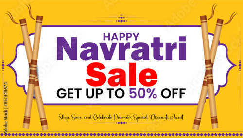 Navratri Sale Yellow background dandiya sticks and text offering up to 50 percent off


