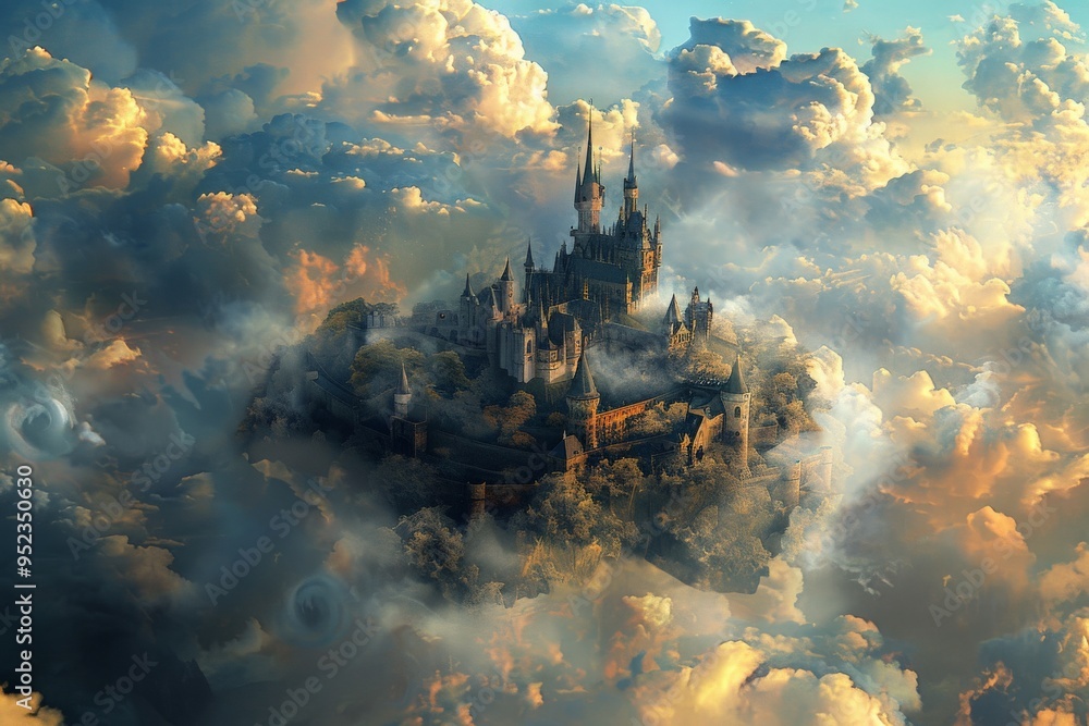 Fototapeta premium A majestic castle floating among vibrant clouds, evoking dreams of fantasy and adventure.
