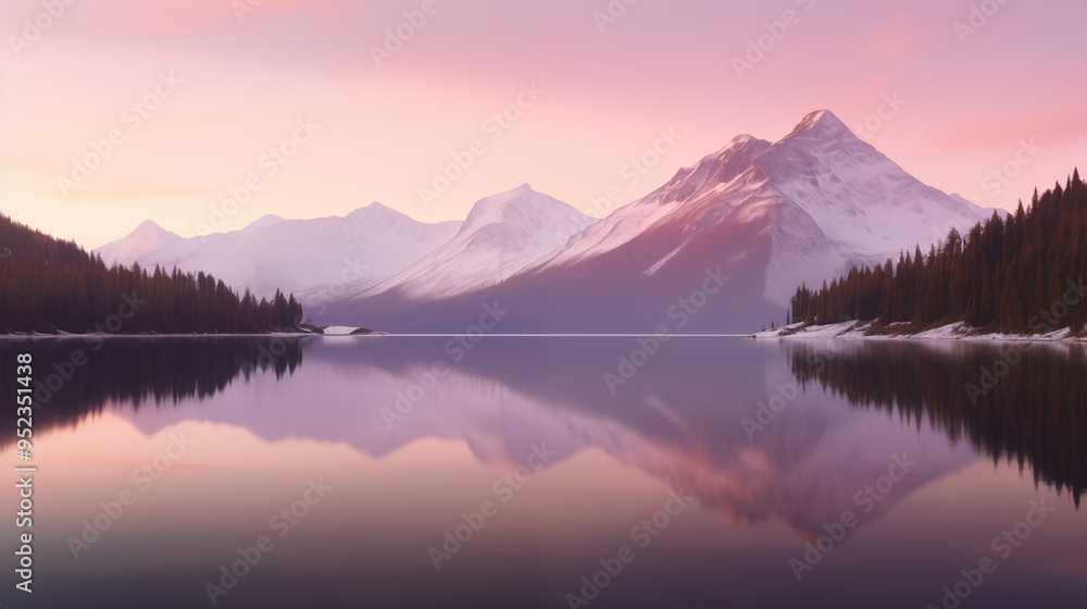 Majestic Snow-Capped Mountain Reflected in a Tranquil Lake at Sunrise Majestic Snow-Capped Mountain Reflected in a Tranquil Lake at Sunrise