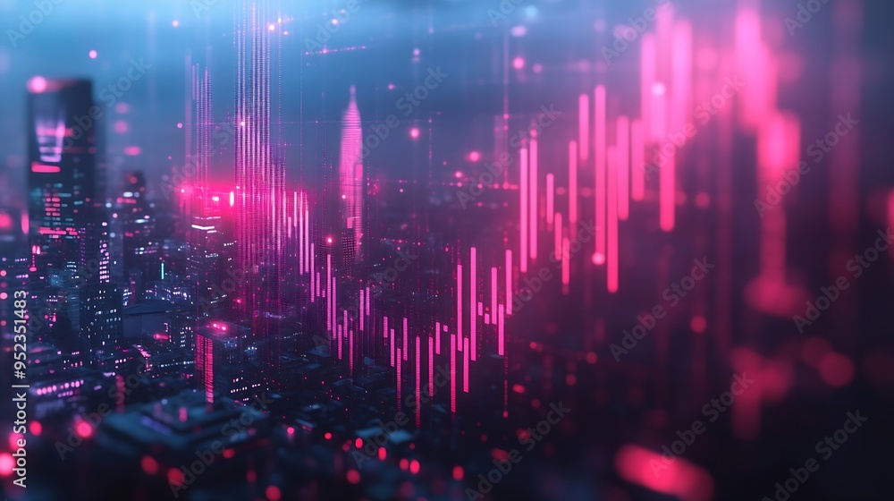 Abstract pink crisis business and forex chart on blurry toned city wallpaper with bokeh circles Downward trend and financial downfall concept Double exposure : Generative AI Abstract pink crisis business and forex chart on blurry toned city wallpaper with bokeh circles Downward trend and financial downfall concept Double exposure : Generative AI