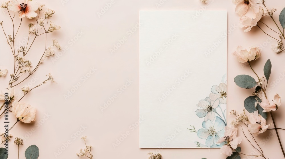 A white card with a blue flower on it sits on a pink background A white card with a blue flower on it sits on a pink background