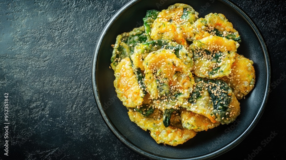 Top view of a crispy serving of Korean vegetable tempura, yachae twigim. Copy space. Top view of a crispy serving of Korean vegetable tempura, yachae twigim. Copy space.