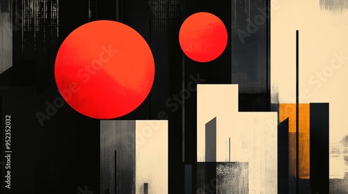 A black and white painting of two red circles and a cityscape
