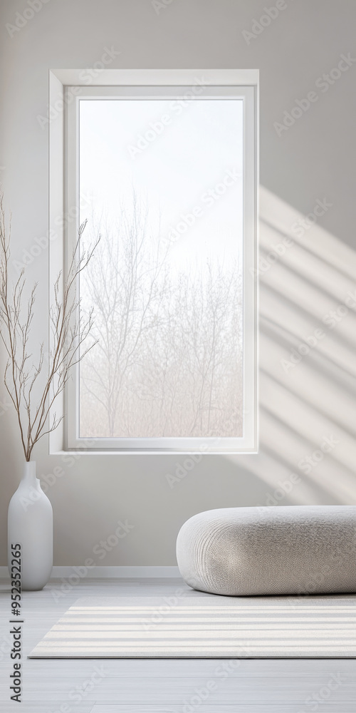 Elegant room interior with a mirror next to a large window with neutral colors. Elegant room interior with a mirror next to a large window with neutral colors.