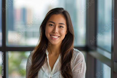 A young attractive professional woman seat in office with a hearty smile against soft blurry office window and buildings view background