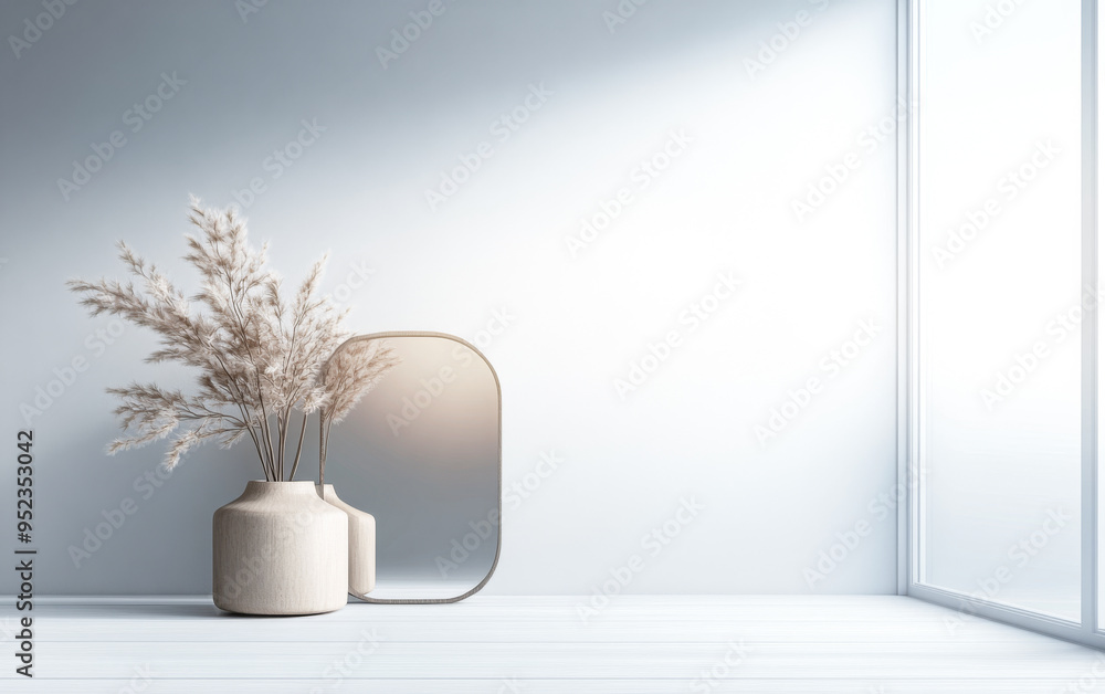 Obraz premium Elegant room interior with a mirror next to a large window with neutral colors.