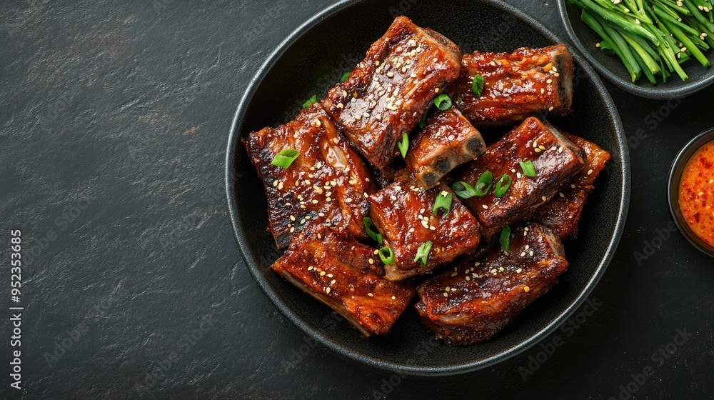 Top view of a delicious serving of Korean-style marinated short ribs, galbi. Copy space. Top view of a delicious serving of Korean-style marinated short ribs, galbi. Copy space.
