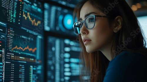 Businesswomen analyze chart data business on a visual screen dashboard laptop technology devices and screens visible in the background financial planning market research and the stock : Generative AI