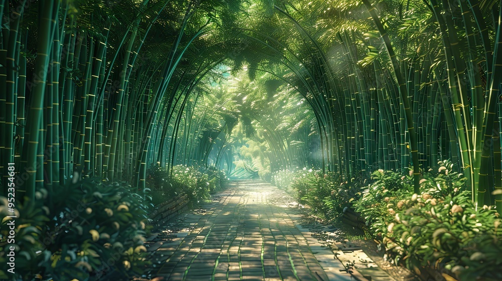 Naklejka premium Take a stroll through a calm sanctuary where towering bamboo stalks form a lush canopy