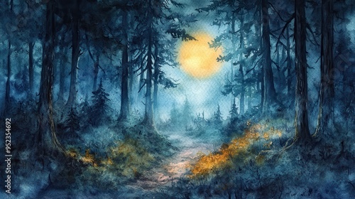 A serene forest landscape illuminated by a full moon, creating a mystical and enchanting atmosphere amidst tall trees.