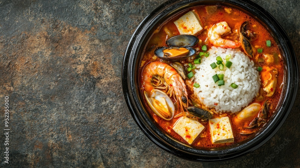 Top view of a hearty serving of soondubu jjigae, soft tofu stew with seafood, and rice. Copy space. Top view of a hearty serving of soondubu jjigae, soft tofu stew with seafood, and rice. Copy space.