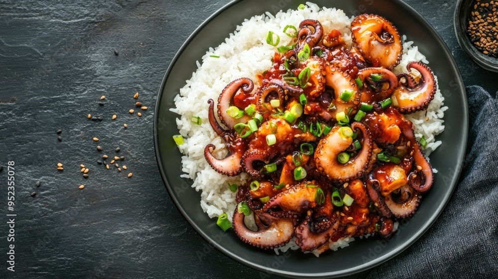 Top view of a plate of spicy stir-fried octopus, nakji bokkeum, with rice. Copy space. Top view of a plate of spicy stir-fried octopus, nakji bokkeum, with rice. Copy space.