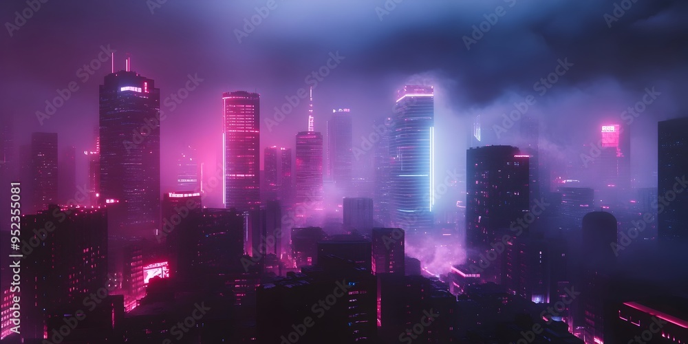 Majestic Cityscape with Gleaming Skyscrapers and Neon Lit Urban Landscape Majestic Cityscape with Gleaming Skyscrapers and Neon Lit Urban Landscape