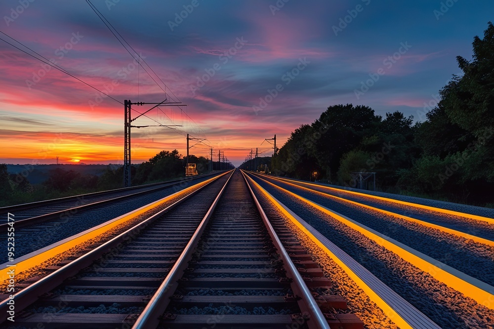Fototapeta premium Glowing Railway Route Against a Stunning Sunset