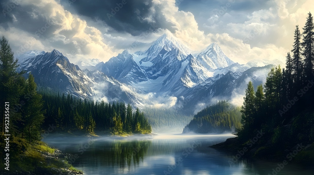 Majestic snowy mountain peaks and evergreen forest reflect in a serene alpine lake under dramatic cloudy sky Majestic snowy mountain peaks and evergreen forest reflect in a serene alpine lake under dramatic cloudy sky