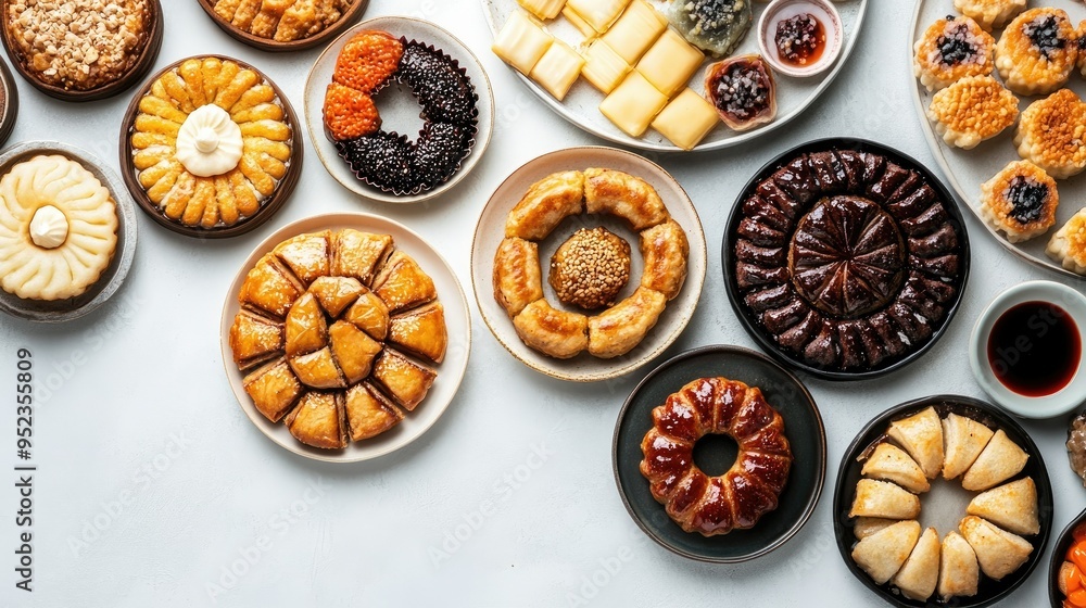 Top view of a spread of traditional Korean desserts, including hotteok and yakgwa. Copy space. x Top view of a spread of traditional Korean desserts, including hotteok and yakgwa. Copy space. x