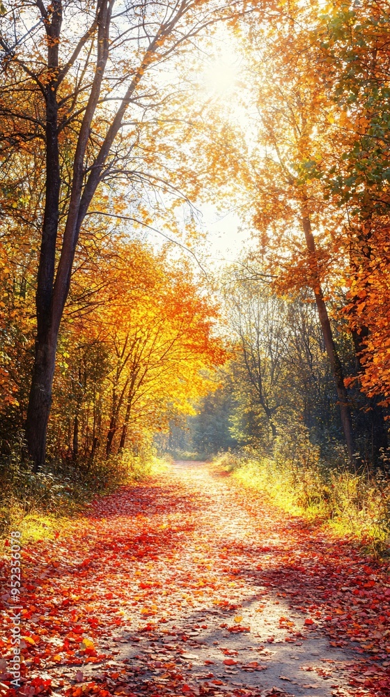 Fototapeta premium A path lined with fallen leaves in a beautiful autumn forest with sunlight streaming through the trees.