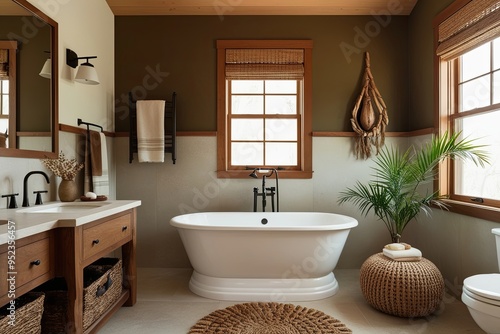 Cozy Earthy Bathroom Design with Bathtub and Natural Decor