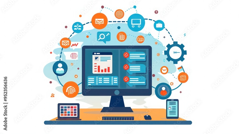 Illustration of computer consulting services with IT support icons. Illustration of computer consulting services with IT support icons.