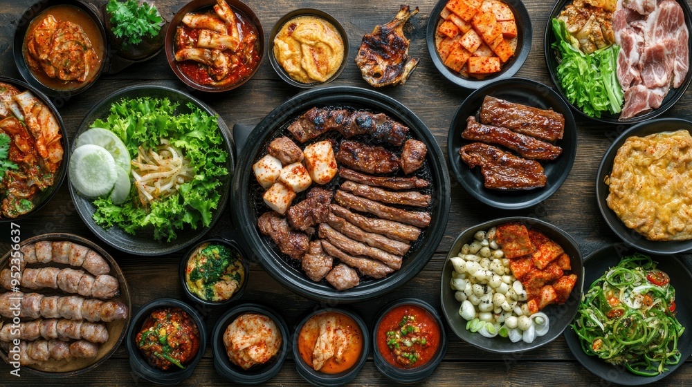 Top view of a traditional Korean BBQ spread with various grilled meats and side dishes. Copy space. Top view of a traditional Korean BBQ spread with various grilled meats and side dishes. Copy space.