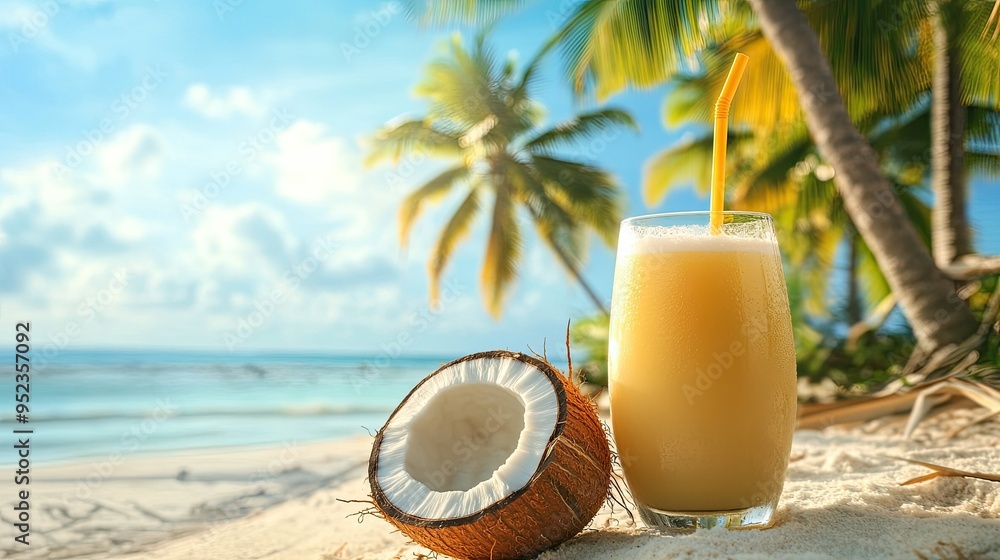 A tropical scene with a coconut and a glass of fresh coconut juice, with palm trees in the background. A tropical scene with a coconut and a glass of fresh coconut juice, with palm trees in the background.
