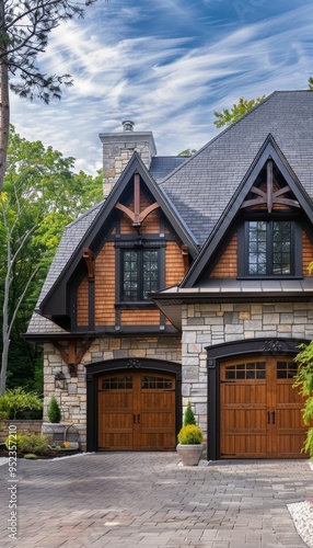 Charming tudor style family home featuring gable roof and ornate timber framing details