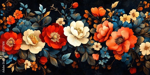 Intricate Norwegian Rosemaling Floral Design on Dark Background