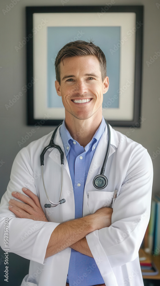 Smiling male doctor with arms crossed and stethoscope around neck. Professional healthcare worker in medical office. Smiling male doctor with arms crossed and stethoscope around neck. Professional healthcare worker in medical office.