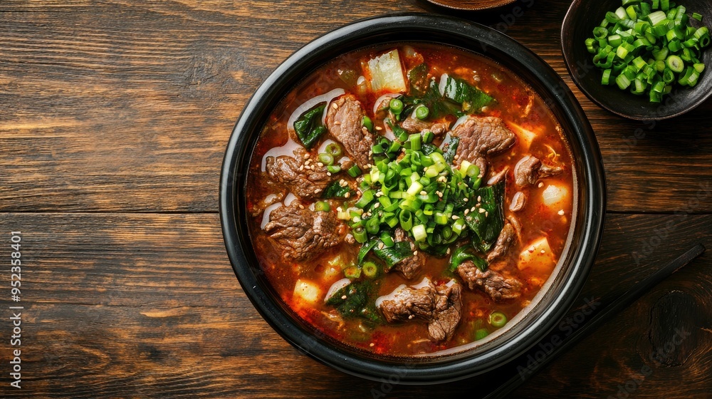 Top view of a vibrant bowl of Korean beef bone soup, seolleongtang, with green onions. Copy space. Top view of a vibrant bowl of Korean beef bone soup, seolleongtang, with green onions. Copy space.
