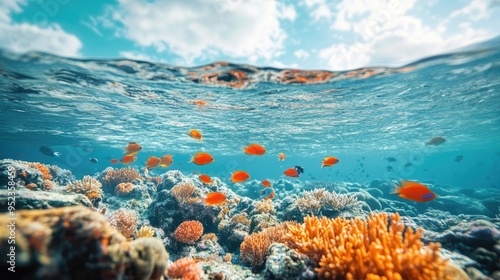Fototapeta Naklejka Na Ścianę i Meble -  A vibrant coral reef seen from below the surface, with colorful fish swimming in the clear blue sea