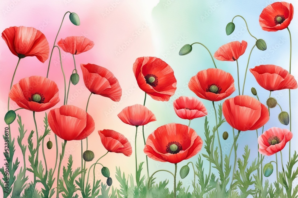 Fototapeta premium Soft Red Poppy Petals on Calming Pastel Background - Floral Watercolor AestheticCharming Red Poppy Blossoms on a Serene Pastel Tone Watercolor Artwork