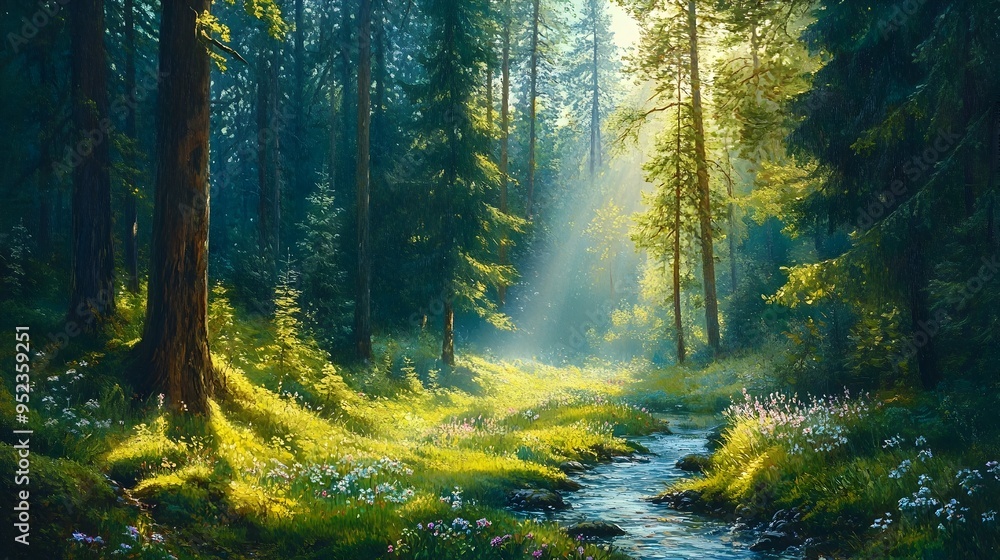 Obraz premium Enchanting Impressionist Forest Landscape with Winding Creek and Vibrant Wildflowers