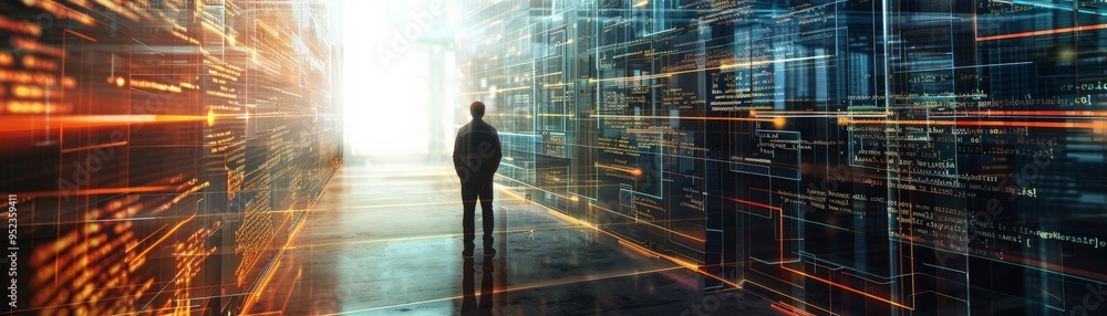 Fototapeta premium A person stands in a futuristic corridor surrounded by glowing data streams, symbolizing technology and innovation.