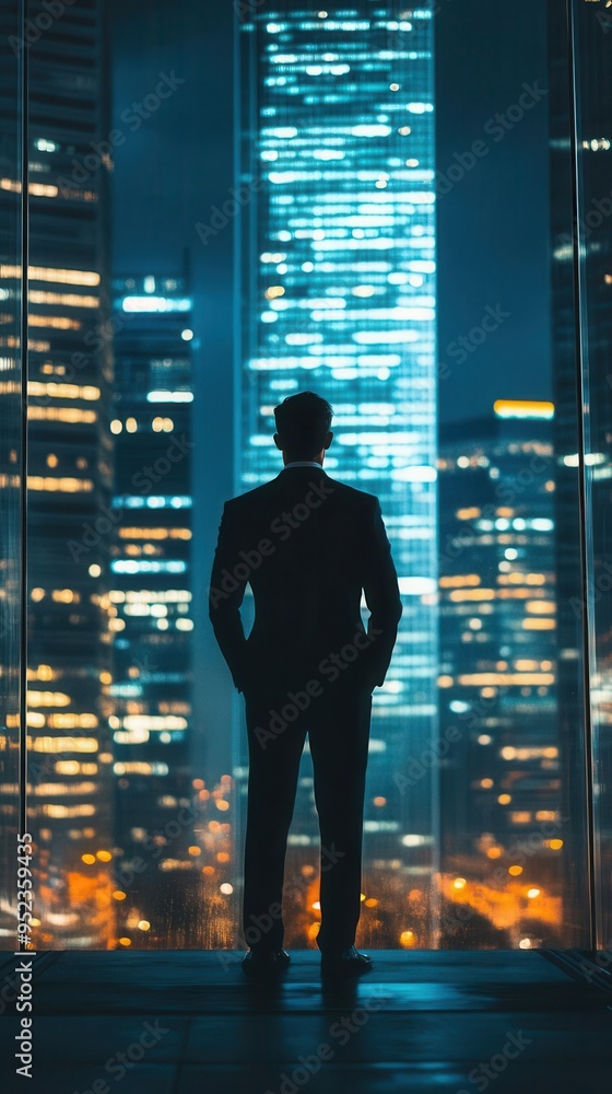 A silhouette of a businessman looking out of a window at a modern cityscape at night, surrounded by illuminated skyscrapers. A silhouette of a businessman looking out of a window at a modern cityscape at night, surrounded by illuminated skyscrapers.