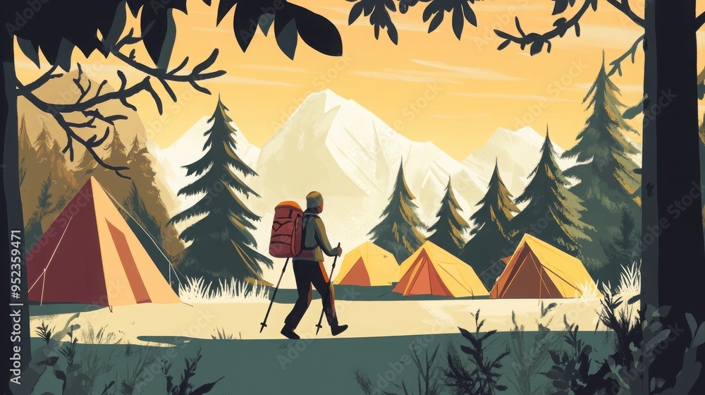 Obraz premium A hiker with trekking poles walks through a campsite with colorful tents and towering pine trees set against a backdrop of snowy mountains.