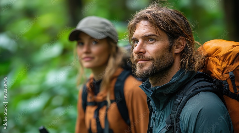 A close-up of a male and female hiker in a lush green forest, both appearing focused and content.

