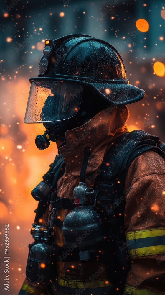 Fototapeta premium A valiant firefighter in full gear is captured amidst swirling sparks and glowing embers against a blurred fiery background.