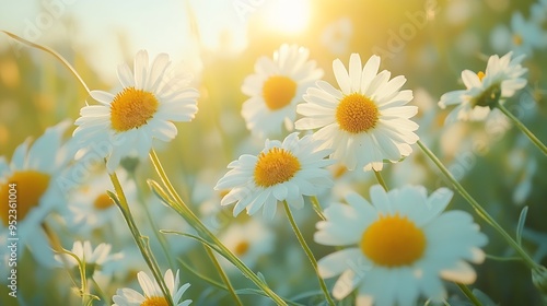 Chamomile flowers swaying in the wind in summer day Gorgeous summer field with daisies Macro view : Generative AI