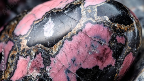 Detailed view of rhodonite showing striking pink and black color contrasts photo