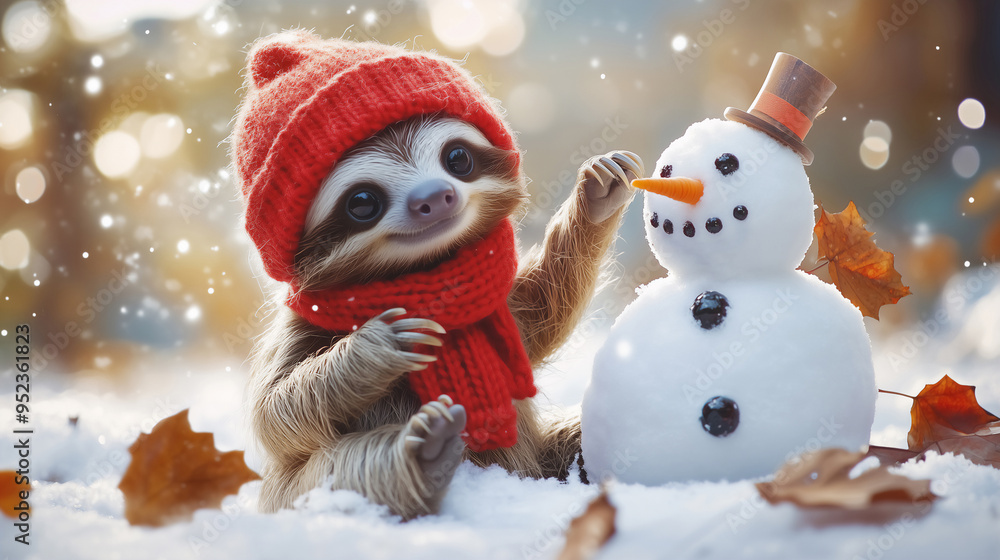 Cute sloth wearing knitting hat and scarf enjoy holiday build snow man , Christmas day concept . Cute sloth wearing knitting hat and scarf enjoy holiday build snow man , Christmas day concept .