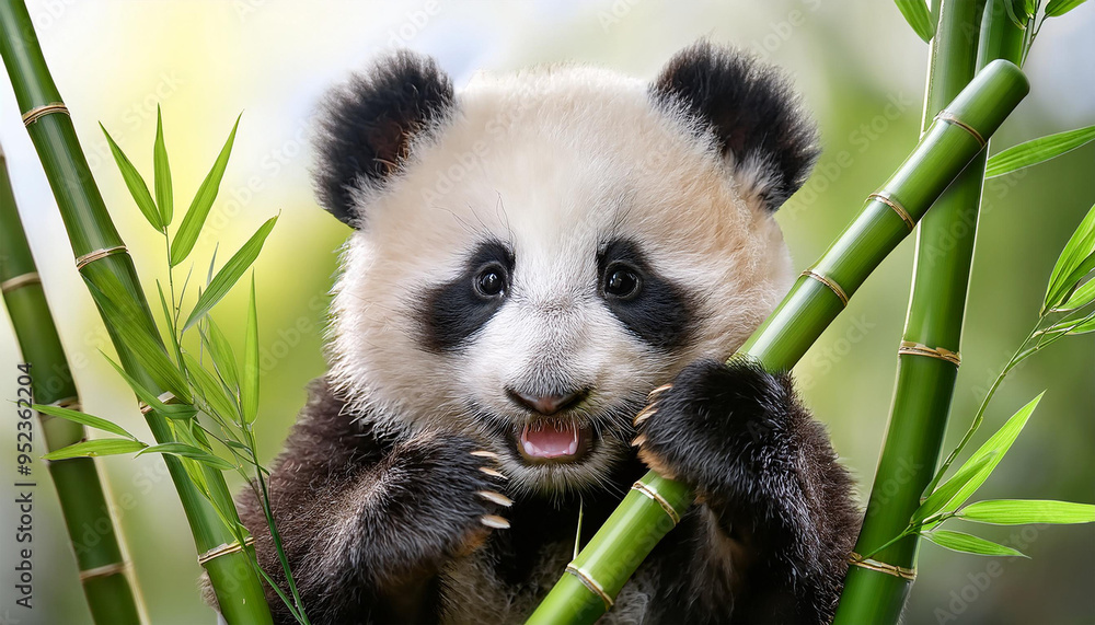 Fototapeta premium Sweet Baby Panda with Bamboo