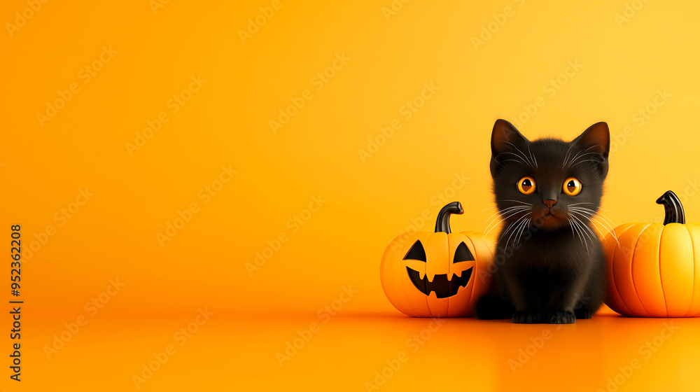 Black cat and jack o lantern banner with copy space , Halloween day concept . Black cat and jack o lantern banner with copy space , Halloween day concept .