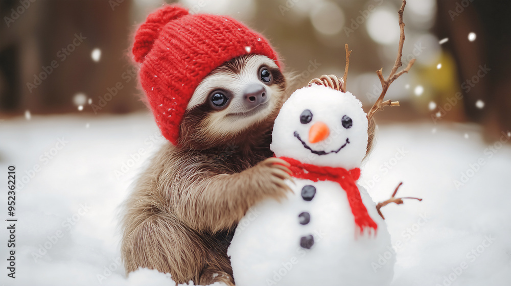 Cute sloth wearing knitting hat and scarf enjoy holiday build snow man , Christmas day concept . Cute sloth wearing knitting hat and scarf enjoy holiday build snow man , Christmas day concept .