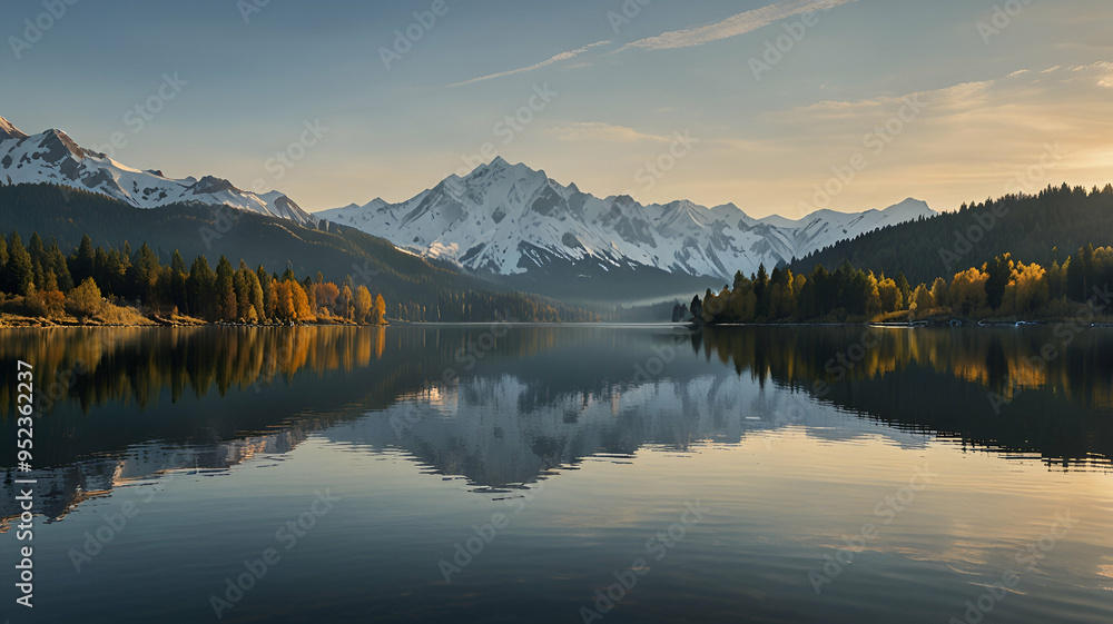 A peaceful mountain landscape with rolling hills, a calm lake, and snow-capped peaks bathed in morning light. Background A peaceful mountain landscape with rolling hills, a calm lake, and snow-capped peaks bathed in morning light. Background